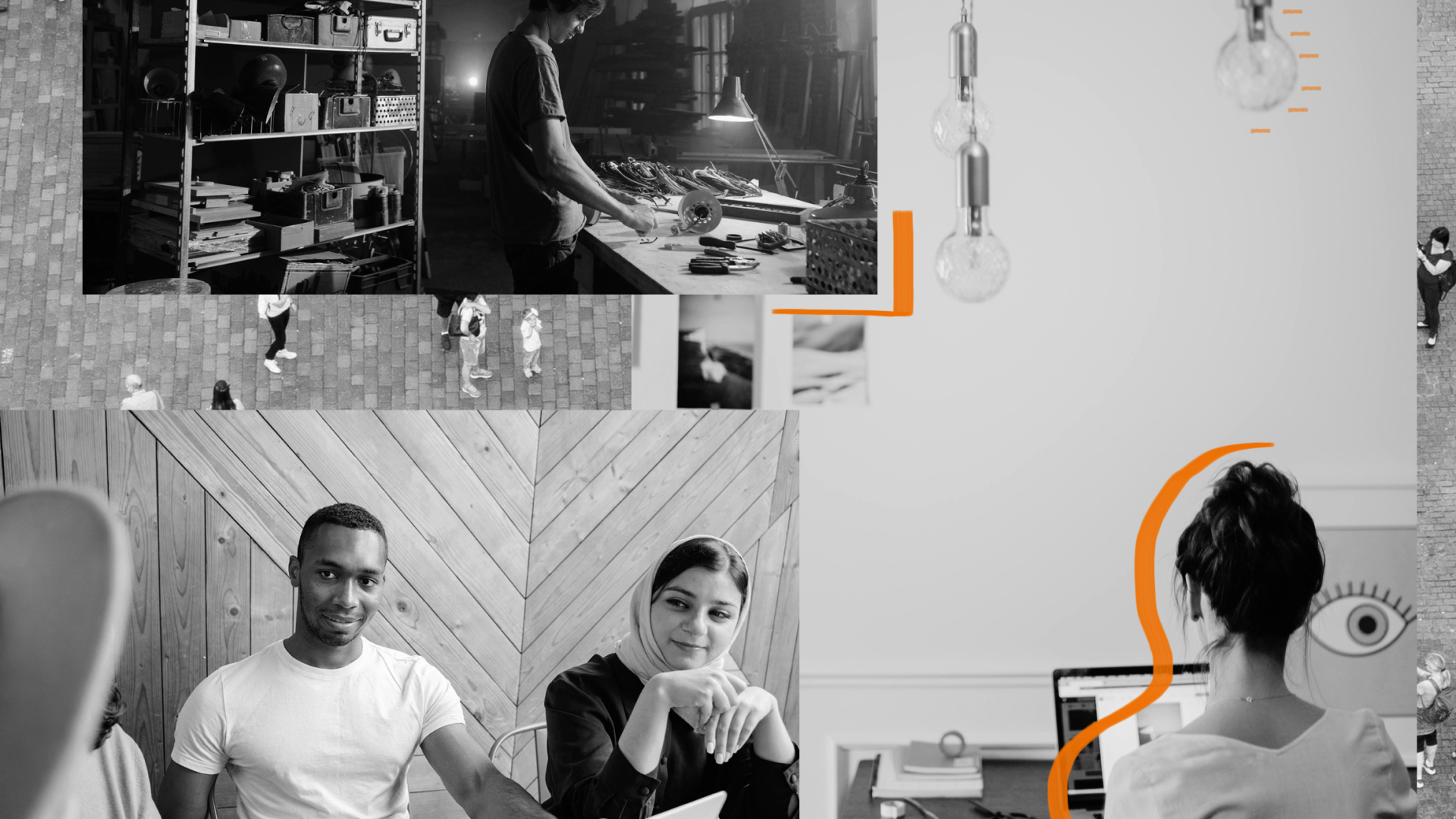 kollage med bilder på människor som samtalar, arbetar och promenerar